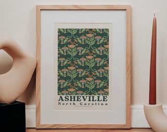 Asheville, oeuvre d'art en Caroline du Nord, 18 x 61 cm, impression de Caroline du Nord, Asheville, art des montagnes de Caroline du Nord, impression sombre, art mural rétro, cadeau de pendaison de crémaillère