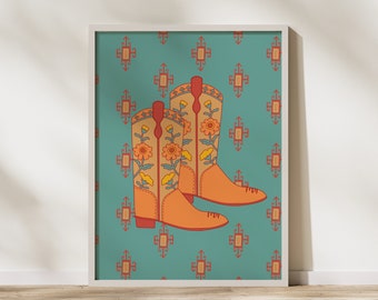 Impression d'affiche de santiags 11 x 14 pouces | Art de cow-boy orange et vert | Cadeaux et décoration bohèmes occidentaux | Art occidental