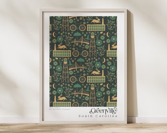 Greenville, SC 18x24in Green Pattern Prints, SC Artwork, South Carolina print, Greenville, SC Upstate Art Print Wall Art, Housewarming Gift