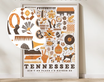 Oeuvre de courtepointe Tennessee, impression Tennessee, art de la montagne, impression locale, art mural rétro, cadeau de pendaison de crémaillère, art abstrait