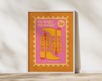 Nous faisons confiance à Dolly | Bottes de cow-boy, impression poster de 11 x 14 po. | Art cowboy rose et orange | Cadeaux et décoration bohèmes occidentaux | Art occidental