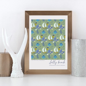 Folly Beach, SC 18x24in Prints, Floral Blue Beach Home Artwork, South Carolina Prints, Beach Home Print Wall Art, Housewarming Gift