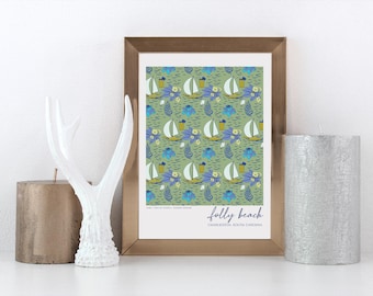 Folly Beach, SC 18 x 24 po. Impressions, oeuvre d'art florale bleu plage maison, estampes de Caroline du Sud, impression d'art mural plage maison, cadeau de pendaison de crémaillère