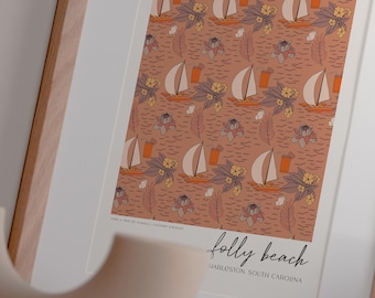 Folly Beach, SC 18 x 24 pouces, oeuvres d'art florales pour la maison de plage, estampes de Caroline du Sud, impression d'art mural plage maison, cadeau de pendaison de crémaillère