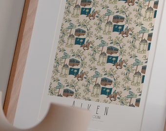 Aiken, oeuvre d'art SC, impression de Caroline du Sud, Aiken, art de la ville natale de SC, impression de motif, art mural rétro, cadeau de pendaison de crémaillère, affiche d'art abstrait