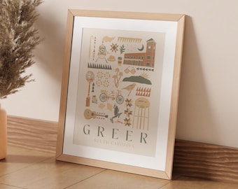 Greer South Carolina Art Print | 8 X 10 inch | Greenville SC Wall Art | Modern Illustrated Travel Decor | Neutral Tone