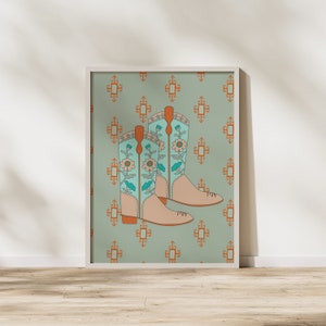 Cowboy Boots 11x14in Poster Print | Muted Blue and Green Cowboy Art | Boho Western Gifts and Decor | Western Art
