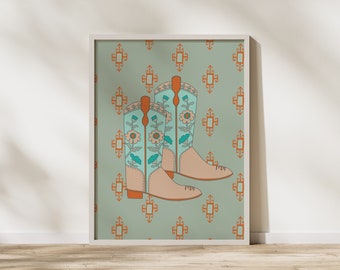 Cowboy Boots 11x14in Poster Print | Muted Blue and Green Cowboy Art | Boho Western Gifts and Decor | Western Art