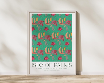 Impresiones de Isle Of Palms, SC, 18 x 24 pulgadas, obra de arte de casa de playa con flores verdes, impresiones de Carolina del Sur, arte de pared con impresión de casa de playa, regalo de inauguración de la casa