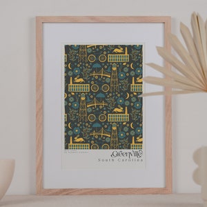 Greenville, SC 18x24in Blue and Gold Prints, SC Artwork, South Carolina print, Greenville, SC Upstate Art Print Wall Art, Housewarming Gift