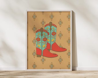 Póster con botas de vaquero de 11 x 14 pulgadas, arte de vaquero neutro y cálido, regalos y decoración bohemios del oeste, arte del oeste