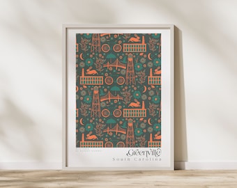 Greenville, SC 18 x 24 in Orange Pattern Prints, SC Artwork, Impresión de Carolina del Sur, Impresión de arte de pared de Greenville, SC Upstate, Regalo de inauguración de la casa