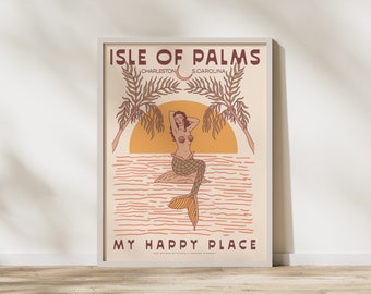 Isle Of Palms, SC 18x24in Pink Mermaid Prints, Vacation Home Artwork, Tropical print, Beach Art Print Wall Art, Housewarming Gift
