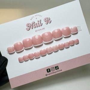 White French Toes Pink Base | hand painted gel press on toe nails | stick on toe nails | false toe nails | Glue on toe nails