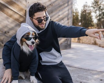 BOIS-182 Matching Set | Colourblock Matching Dog and Owner Hoodies | Neutral Monochrome Matching Dog and Owner Sweaters