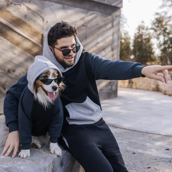 BOIS-182 Matching Set | Colourblock Matching Dog and Owner Hoodies | Neutral Monochrome Matching Dog and Owner Sweaters