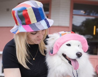 Matching Dog and Owner Rainbow Stripe Bucket Hats | Reversible Stripe Pink Hats | Hats for Dogs | Large Dog Hats | Bucket Hats for Dogs