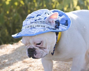 Newsprint Dog Bucket Hat | Hats for Dogs | Blue Large Dog Hats | Reversible Bucket Hat for Dogs | Hat for Pets | Gift for Dog Lovers