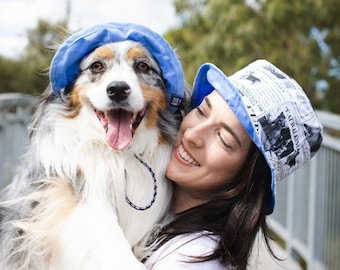 Matching Dog and Owner Newspaper Blue Bucket Hats | Reversible Newsprint Pink Hats | Hat for Dogs | Large Dog Hat | Y2K Bucket Hats for Dogs