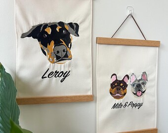 Custom Embroidered Pet Portrait Wall Hanging | Cotton and Wood