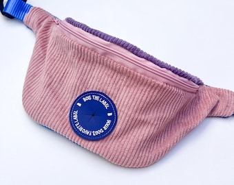 Corduroy Dog Bumbag: Pink & Purple Fanny Pack with Poo Bag Dispenser