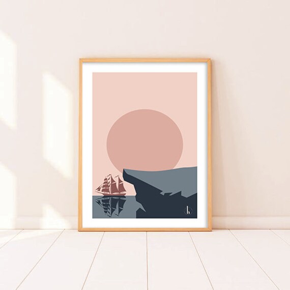 Affiche Illustration Falaises Bateau - Poster Déco Art Format A4 ou A3