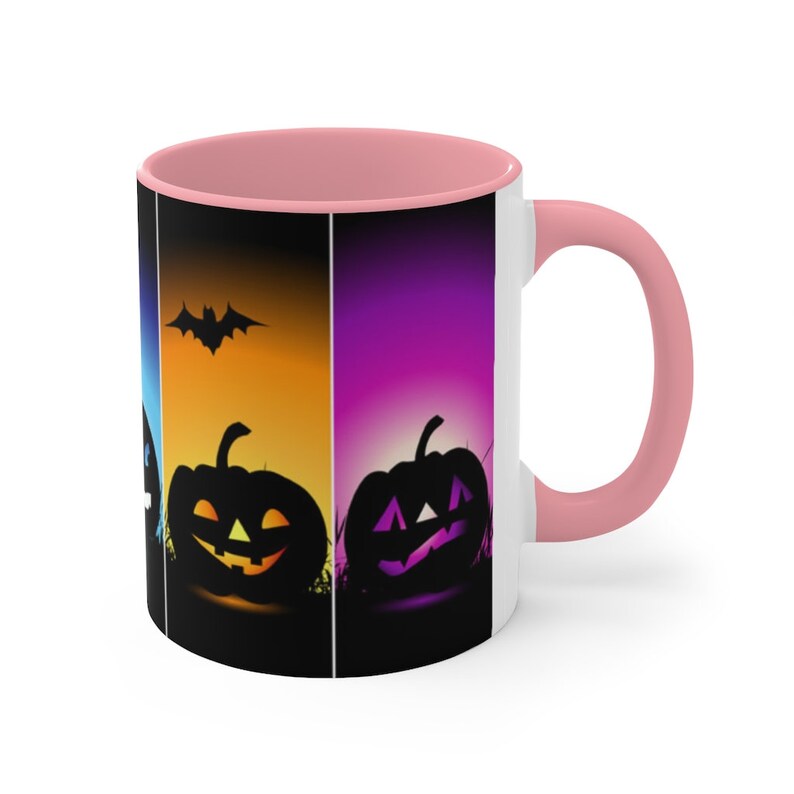 以下が含まれることがあります： ピンクと白のセラミック製のマグカップで、ハロウィンをテーマにしたデザインです。マグカップには、カラフルな背景に4つのジャック・オ・ランタンのシルエットが描かれています。背景の色は、青、オレンジ、紫、ピンクです。