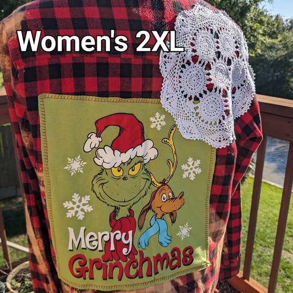 Christmas flannels upcycled/reworked Merry Grinchmas and vintage crochet dollie with Red Cardinal birds