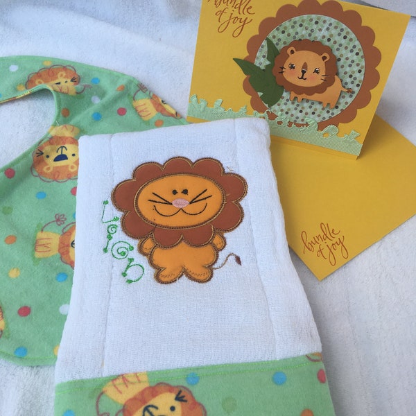 Leo burp cloth and bib, with homemade gift card, spit up rag, embroidered baby lion