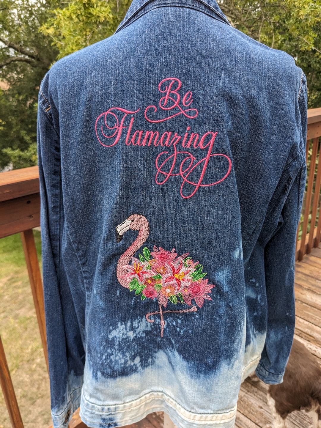 Upcycled Blue Jean/Denim  Jacket, one of a kind, embroidered flamingo &quot;Be Flamazing&quot;