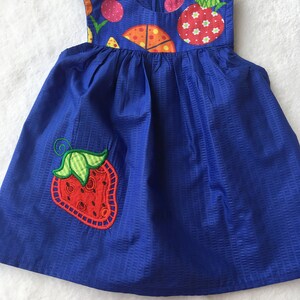 Baby Dress, baby garment, baby outfit, sleeveless dress, blue embroidered strawberry, Tutti Fruity