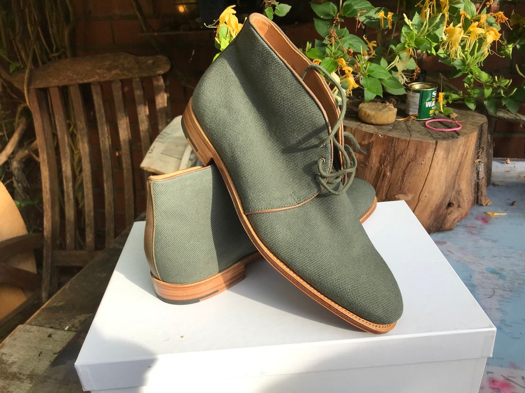 John Lobb Ferris Canvas Khaki Boots Tensile Soles Size 8 1 2 UK