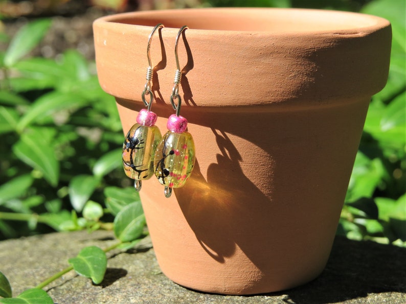Pink Punky Paint Splatter Glass Bead Dangle Earrings