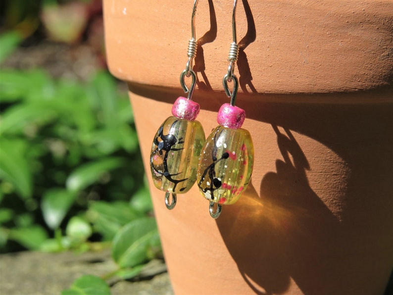 Pink Punky Paint Splatter Glass Bead Dangle Earrings