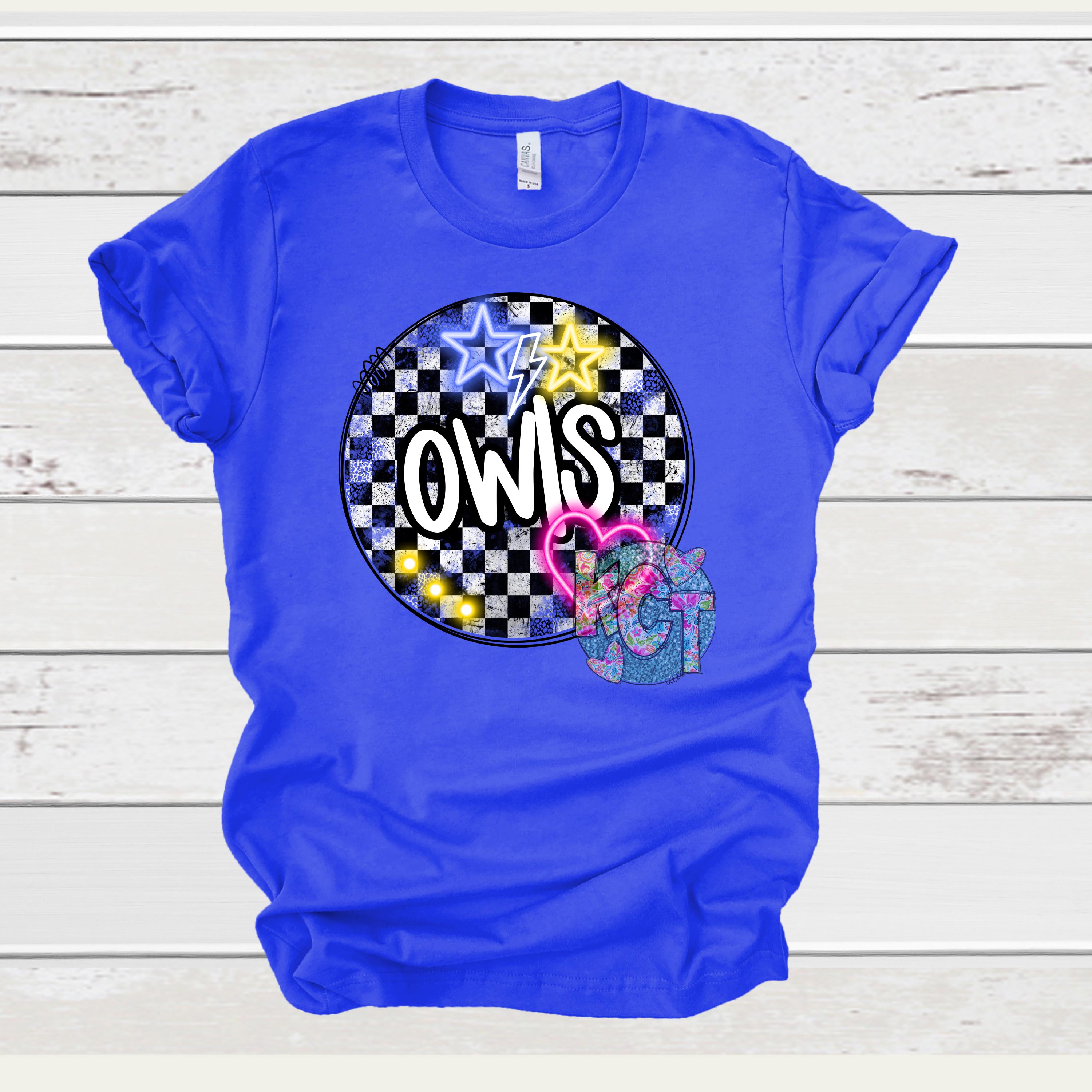 Owls Mascot Checkerboard neon DTF, Owls School spirit, Owls, DTF, Ready to Press