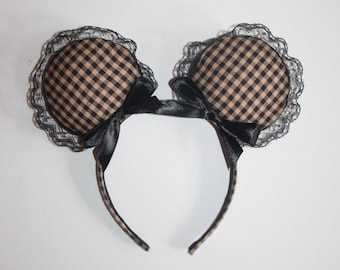 Custom Black & Brown Gingham Print Mickey Ears with Bows