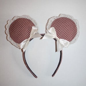 Benutzerdefinierte Burgundy & Cream Gingham Print Mickey Ohren mit Schleifen