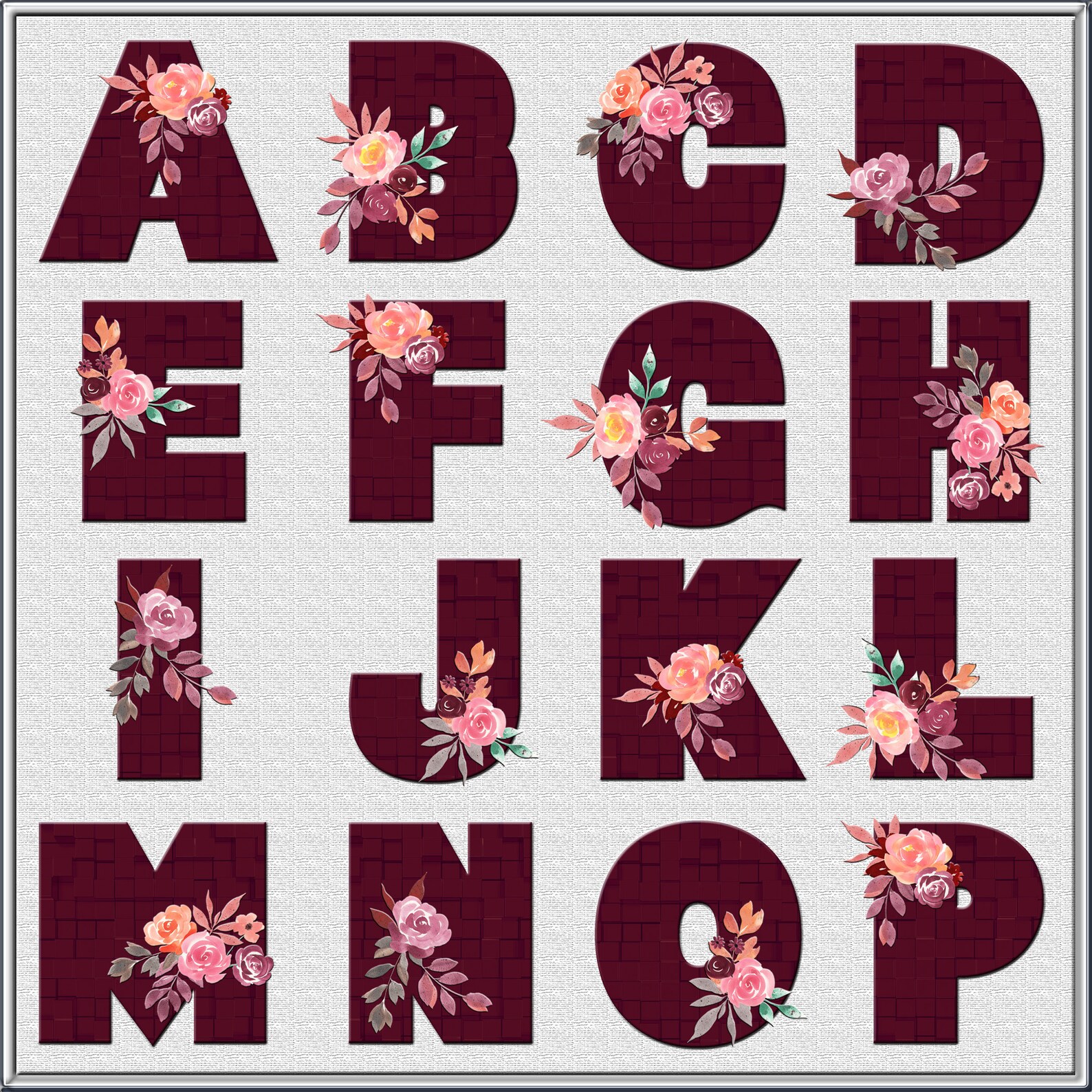 Maroon Floral Digital Letters Alphabet Thanksgiving D Etsy