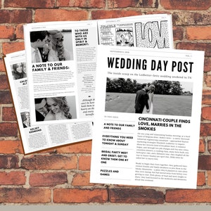 Könnte beinhalten: Hochzeitsprogrammvorlage im Zeitungsstil mit Schwarzweißfotos und Text. Zu den Schlagzeilen gehören "Wedding Day Post" und "Cincinnati Couple Finds Love, Marries in the Smokies". Unten steht "Newspaper Programs".
