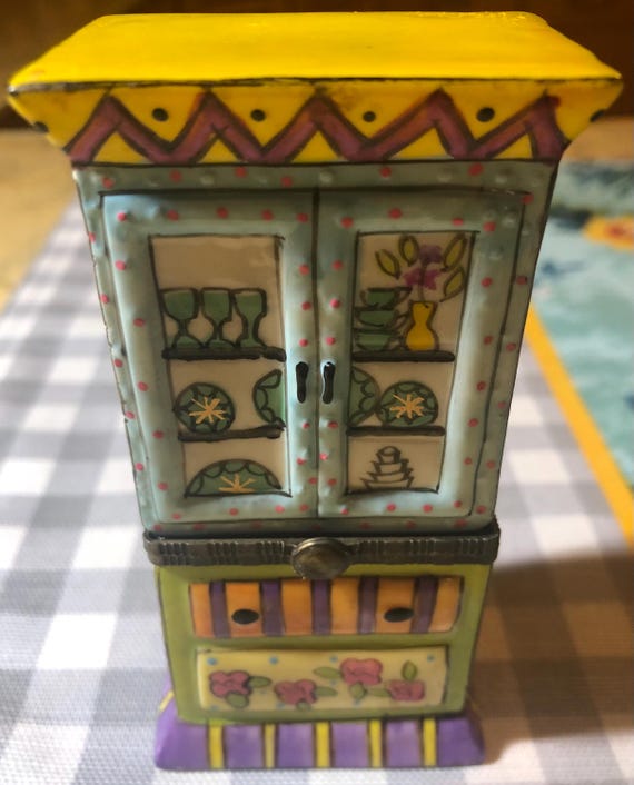 Hand Painted Porcelain Hutch Trinket Box, Colorful Cupboard Design