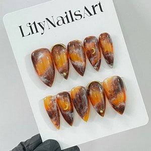 Tertoise Shell Effect Stiletto Press On Nails, Luxury Autumn Colour Fake Nails, Trendy Glue On Nails