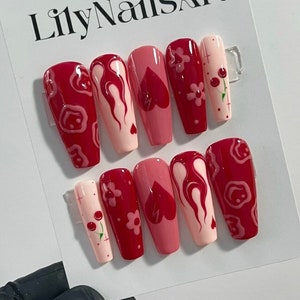 Flaming, Cherry and Heart in Red & Pink Almond Press On Nails, Valentine Nail Cute, Fake Nails, False Nails, Glue on Nails, Gel Nail Art