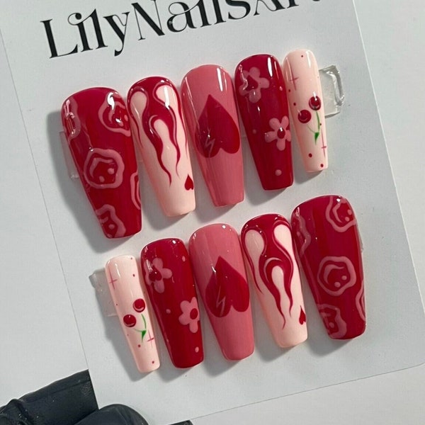 Flaming, Cherry and Heart in Red & Pink Almond Press On Nails, Valentine Nail Cute, Fake Nails, False Nails, Glue on Nails, Gel Nail Art