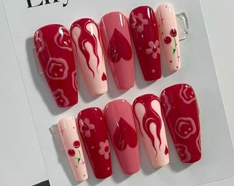 Flaming, Cherry and Heart in Red & Pink Almond Press On Nails, Valentine Nail Cute, Fake Nails, False Nails, Glue on Nails, Gel Nail Art
