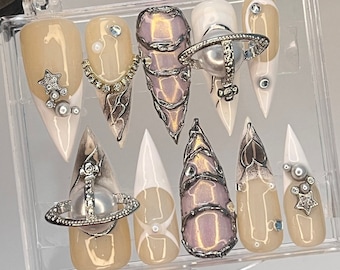 Free Style Chrome Metallic Silver Chrome Press On Nails Goth, Handpainted Gothic Short Stiletto Nails, Y2K Emo Fake Nails
