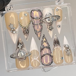 Free Style Chrome Metallic Silver Chrome Press On Nails Goth, Handpainted Gothic Short Stiletto Nails, Y2K Emo Fake Nails