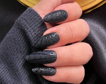 Black Spider Web Press On Nails, Black Halloween Nails, Custom Fake Nails, False Nails, Handpainted Glue on Nails