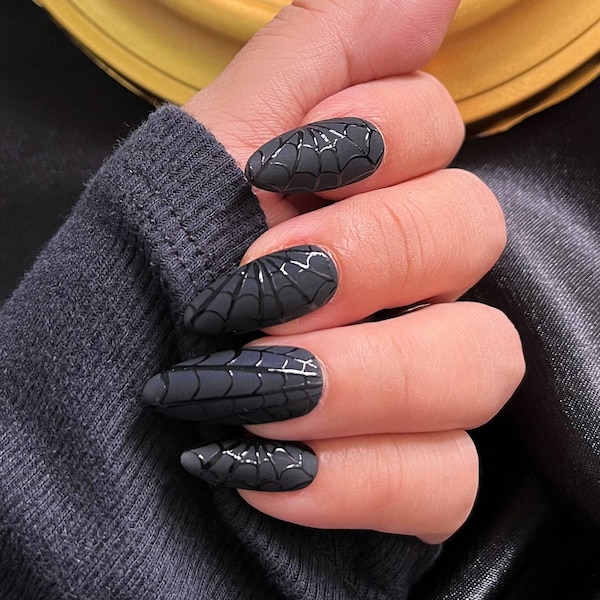 LNA0099 - Black Spider Web Press On Nails, Black Halloween Nails, Custom Fake Nails, False Nails, Handpainted Glue on Nails