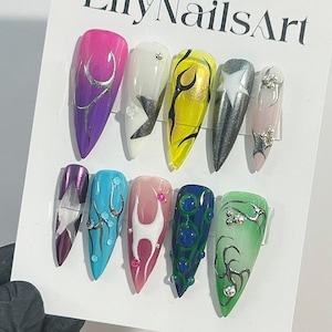 Free Style Multi Colour Metallic Silver Chrome Press On Nails Goth, Handpainted Gothic Short Stiletto Nails, Y2K Emo Fake Nails