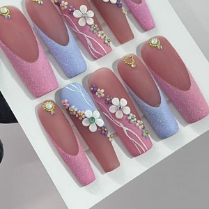 3d Fake Nails Set Press On Faux Ongles Long French Coffin Tips